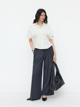 Linen-blend Linen-blend Collar V-neck Pleated Short Sleeve Shirt For Work