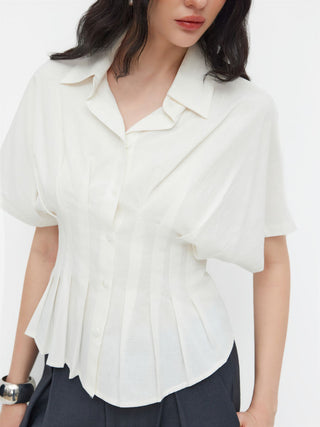 Linen-blend Linen-blend Collar V-neck Pleated Short Sleeve Shirt For Work