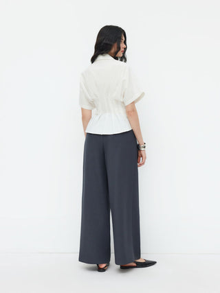 Linen-blend Linen-blend Collar V-neck Pleated Short Sleeve Shirt For Work