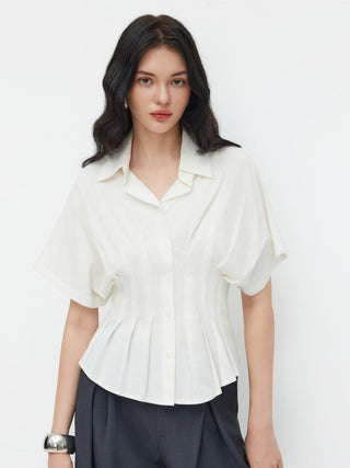 Linen-blend Linen-blend Collar V-neck Pleated Short Sleeve Shirt For Work