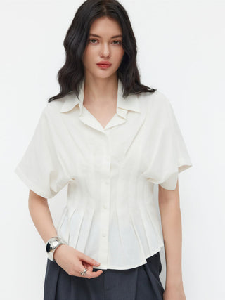 Linen-blend Linen-blend Collar V-neck Pleated Short Sleeve Shirt For Work
