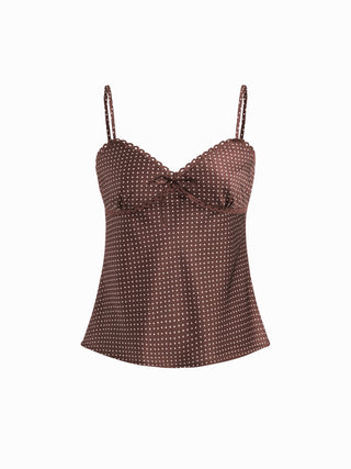 Sweetheart Neckline Polka Dot Lace Trim Knotted Cami Top
