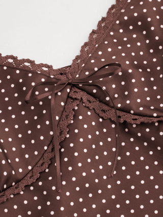 Sweetheart Neckline Polka Dot Lace Trim Knotted Cami Top
