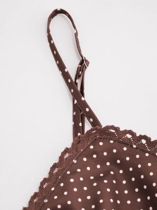 Sweetheart Neckline Polka Dot Lace Trim Knotted Cami Top