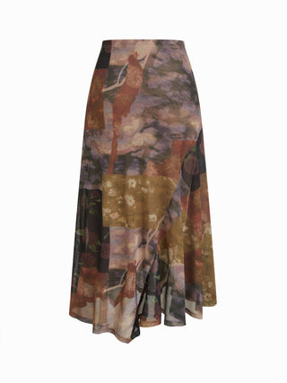Mesh Mid Rise Abstract Graphic Floral Asymmetrical Hem Maxi Skirt