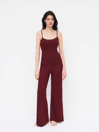 Built-in Bra Square Neck Lace Trim Cami Top & Mid Rise Straight Leg Trousers Loungewear Set