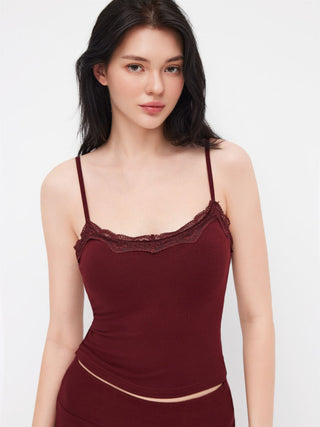 Built-in Bra Square Neck Lace Trim Cami Top & Mid Rise Straight Leg Trousers Loungewear Set