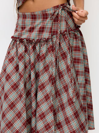 Mid Rise Tartan Lettuce Trim Knotted Midi Skirt