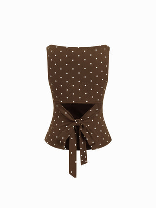 Cotton-blend Boat Neck Knotted Polka Dot Ruched Tank Top