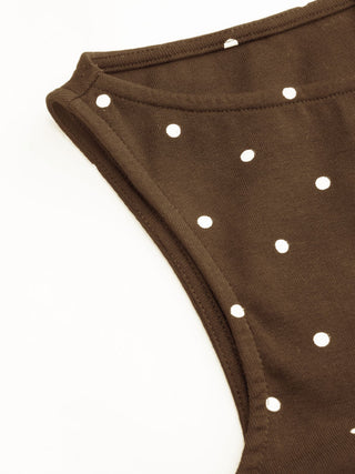 Cotton-blend Boat Neck Knotted Polka Dot Ruched Tank Top