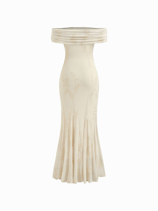 Mesh Floral Off-shoulder Ruched Mermaid Maxi Dress