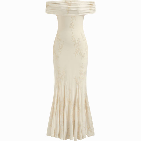 Mesh Floral Off-shoulder Ruched Mermaid Maxi Dress