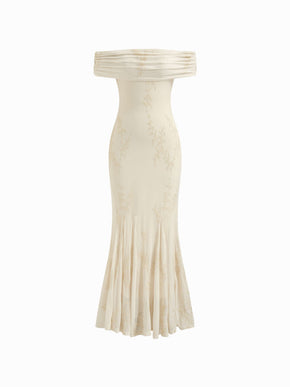 Mesh Floral Off-shoulder Ruched Mermaid Maxi Dress