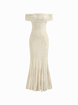 Mesh Floral Off-shoulder Ruched Mermaid Maxi Dress