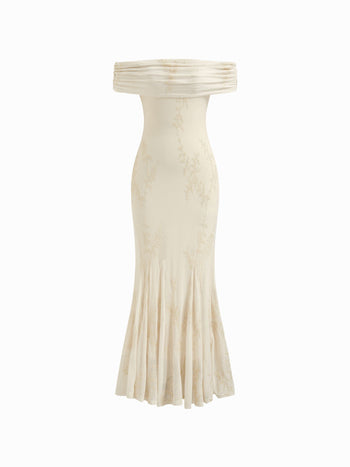 Mesh Floral Off-shoulder Ruched Mermaid Maxi Dress