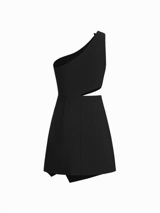 Asymmetrical Neck Metal Detail Cut Out Ruched Mini Dress