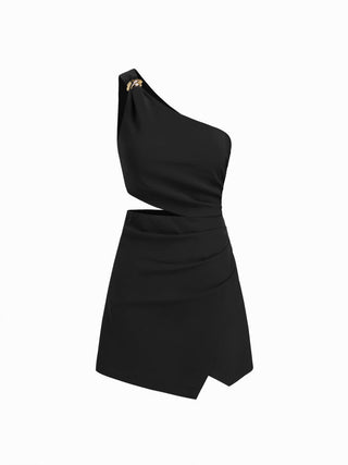 Asymmetrical Neck Metal Detail Cut Out Ruched Mini Dress