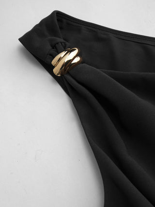 Asymmetrical Neck Metal Detail Cut Out Ruched Mini Dress