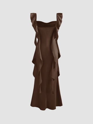 Satin Cowl Neck Solid Ruffle Hem Maxi Dress