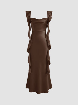 Satin Cowl Neck Solid Ruffle Hem Maxi Dress