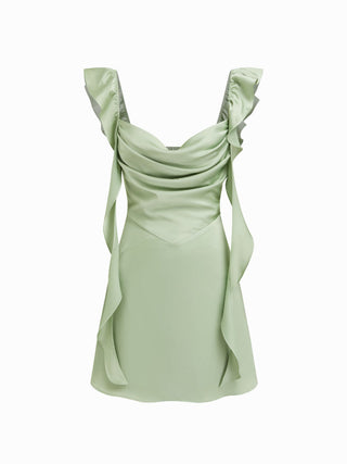 Satin Sweetheart Neck Ruffle Hem Backless Mini Dress