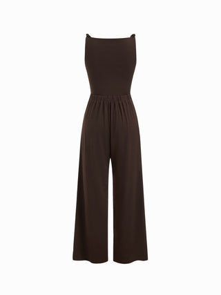 Knit Fabric Boat Neck Ruched Asymmetrical Hem Wide Leg Jumpsuit For Daily Casual Work