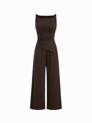 Knit Fabric Boat Neck Ruched Asymmetrical Hem Wide Leg Jumpsuit For Daily Casual Work
