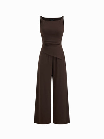 Knit Fabric Boat Neck Ruched Asymmetrical Hem Wide Leg Jumpsuit For Daily Casual Work