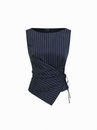 Boat Neck Striped Wrap Knotted Top & Mid Rise Straight Leg Trousers Set