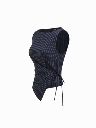 Boat Neck Striped Wrap Knotted Top & Mid Rise Straight Leg Trousers Set