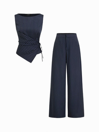 Boat Neck Striped Wrap Knotted Top & Mid Rise Straight Leg Trousers Set