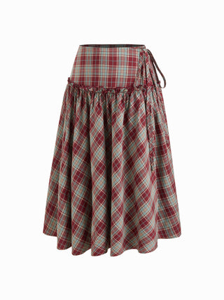 Mid Rise Tartan Lettuce Trim Knotted Midi Skirt