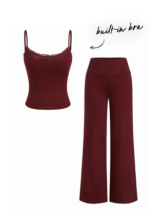 Built-in Bra Square Neck Lace Trim Cami Top & Mid Rise Straight Leg Trousers Loungewear Set