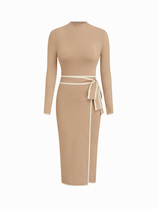 Turtleneck Belted Bowknot Knitted Maxi Dress
