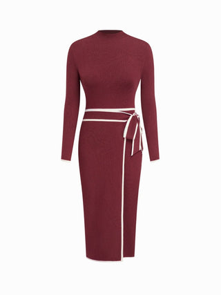 Turtleneck Belted Bowknot Knitted Maxi Dress
