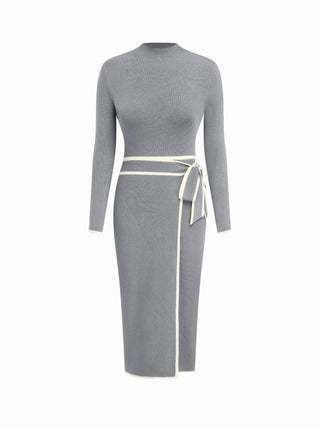 Turtleneck Belted Bowknot Knitted Maxi Dress