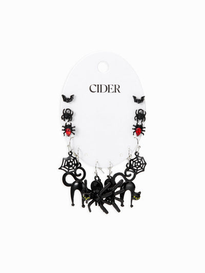 6 PAIRS SPIDER & BAT & CAT STUD EARRINGS SET