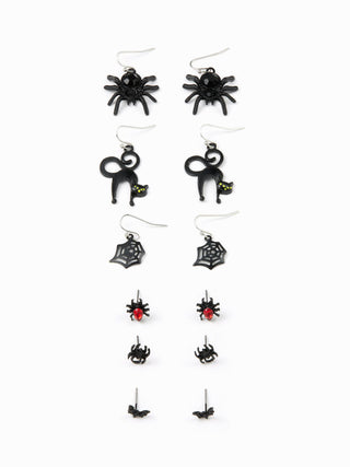 6 PAIRS SPIDER & BAT & CAT STUD EARRINGS SET