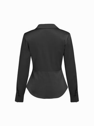 Satin Collar Long Sleeve Curved Hem Cinched Waist Shirt