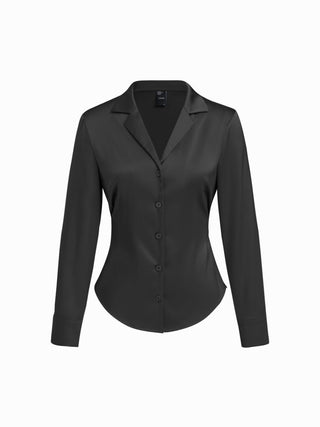 Satin Collar Long Sleeve Curved Hem Cinched Waist Shirt