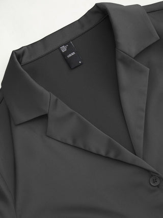 Satin Collar Long Sleeve Curved Hem Cinched Waist Shirt