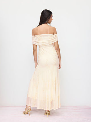 Mesh Floral Off-shoulder Ruched Mermaid Maxi Dress