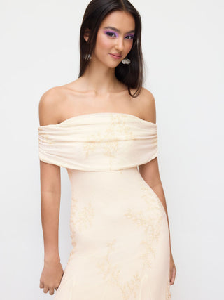 Mesh Floral Off-shoulder Ruched Mermaid Maxi Dress