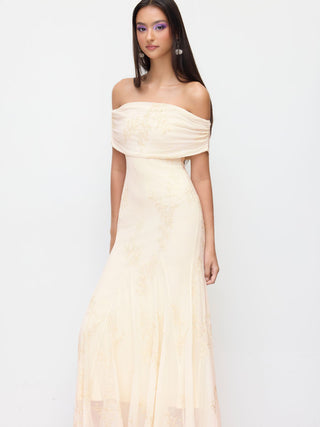 Mesh Floral Off-shoulder Ruched Mermaid Maxi Dress