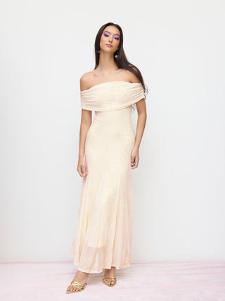 Mesh Floral Off-shoulder Ruched Mermaid Maxi Dress