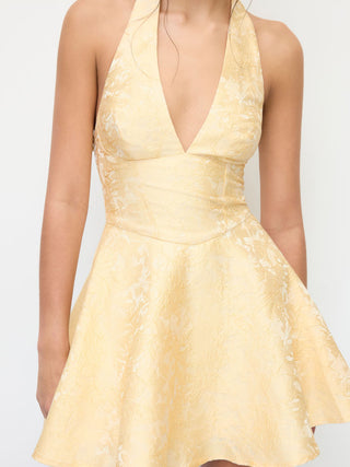 Jacquard Sculptural Halter V-neck Lace Up Backless Ruffle Mini Dress