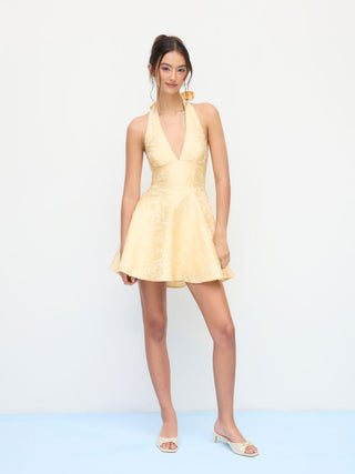 Jacquard Sculptural Halter V-neck Lace Up Backless Ruffle Mini Dress