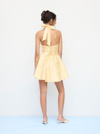 Jacquard Sculptural Halter V-neck Lace Up Backless Ruffle Mini Dress