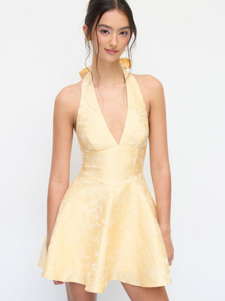 Jacquard Sculptural Halter V-neck Lace Up Backless Ruffle Mini Dress