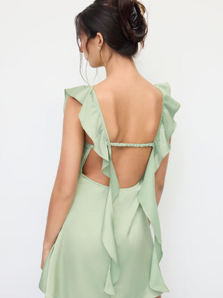 Satin Sweetheart Neck Ruffle Hem Backless Mini Dress
